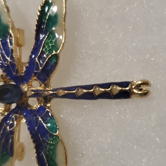 Dragonfly Blue Green Cloisonné Gold Tone Pin Brooch - Picture 6 of 6